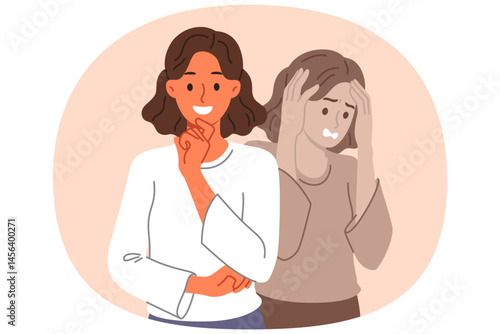 Outwardly happy woman hides bad emotions and smiles, trying not to bother others with problems. Business lady experiencing depressed emotions demonstrates calmness thanks to self-confidence.