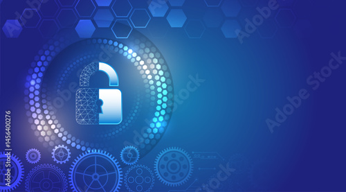Cyber ​​security and data protection concept with glowing lock icon, hexagonal patterns and gears on blue technology background. Network security illustration.