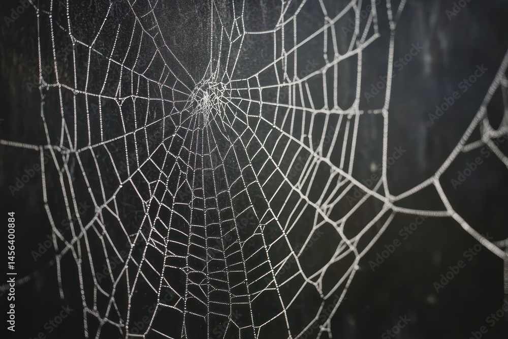 Fototapeta premium Thin spider webs hanging on black background for Halloween design