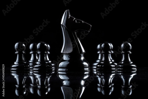 Black knight chess piece facing white pawns symbolizing leadership