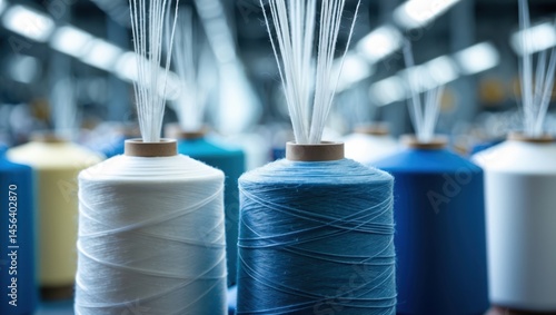 Blue and White Yarn Spools in Factory