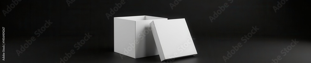 Naklejka premium Modern white square gift box mockup, open and closed state Isolated black background , retail, paper box, clean