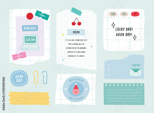 memo template. A collection of striped notes, blank notebooks, and torn notes used in a diary or office.