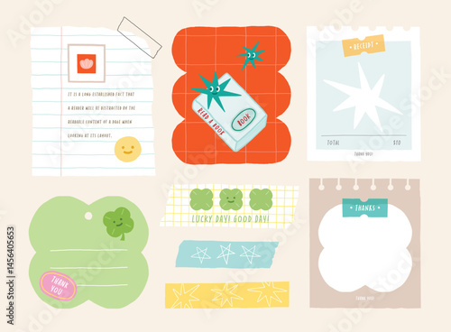 memo template. A collection of striped notes, blank notebooks, and torn notes used in a diary or office.