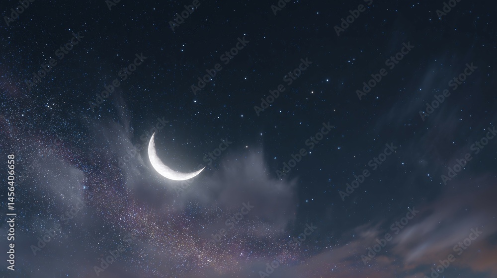 Fototapeta premium Crescent moon shines brightly in a dark sky with clouds and stars.