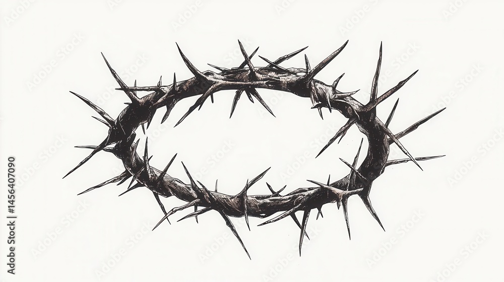 Fototapeta premium rustic crown of thorns clipart, Christian symbol, graphite sketch, dark tones, isolated on white background