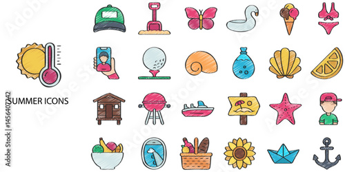 Summer simple concept 24 hand drawn color icons set. Contains such summer, beach, sun, suntan lotion, flip-flop, heat - temperature, starfish .Vector illustration.
