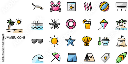 Summer simple concept 24 hand drawn color icons set. Contains such summer, beach, sun, suntan lotion, flip-flop, heat - temperature, starfish .Vector illustration.