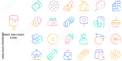 Sweet and candies simple concept 24 Flat icons set. Contains such chocolate, candy, cake, lolipop, biscuit, lolipop, cream .Vector illustration.