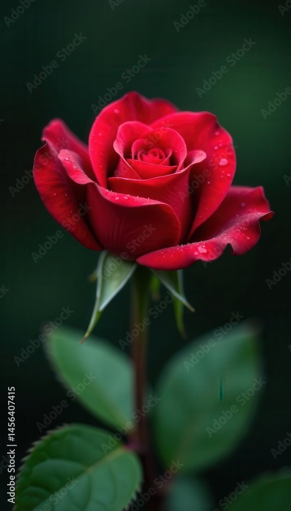 Naklejka premium Single red rose with water droplets, close-up , present, red petals