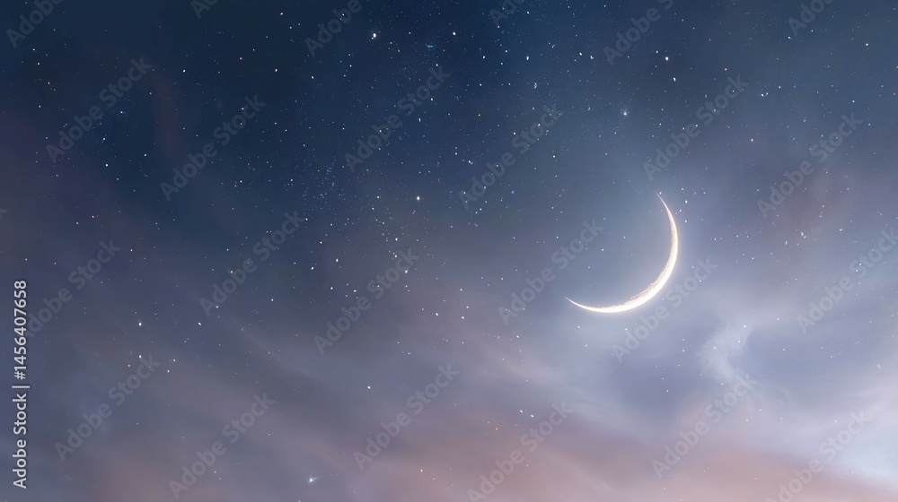 Fototapeta premium Crescent moon shines brightly in a cloudy night sky with visible stars.