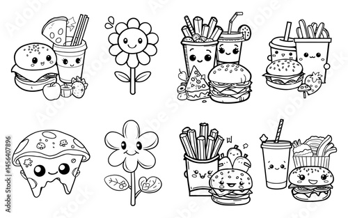 Kawaii Food  Flowers A whimsical coloring page with smiling foods and cheerful blooms
