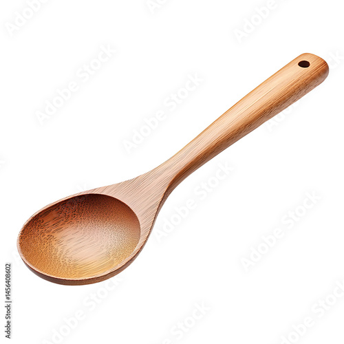 Close-up shot of a wooden spoon against an isolated background. The spoon is made of light brown wood and features a smooth surface. It's ready for cooking or serving delicious food.