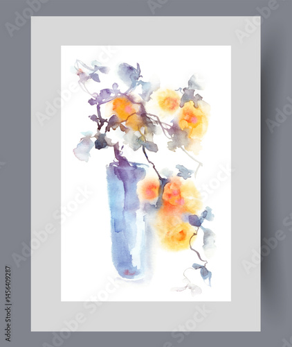 Vase with branch of flowering tree from spring orchard on wall art. Watercolor artwork. Print with flowering ornamental plant in glass vase from flower shop, in frame with decor for poster