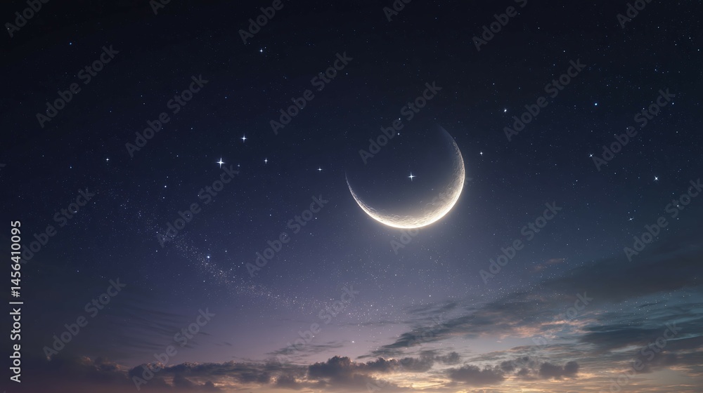 Crescent moon shines brightly in a dark starry sky with some clouds. Crescent moon shines brightly in a dark starry sky with some clouds.