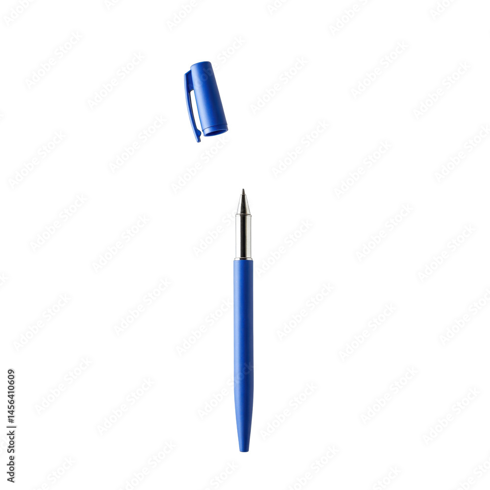 Vertically upright blue ballpoint pen with cap floating in mid-air on a solid white background Vertically upright blue ballpoint pen with cap floating in mid-air on a solid white background