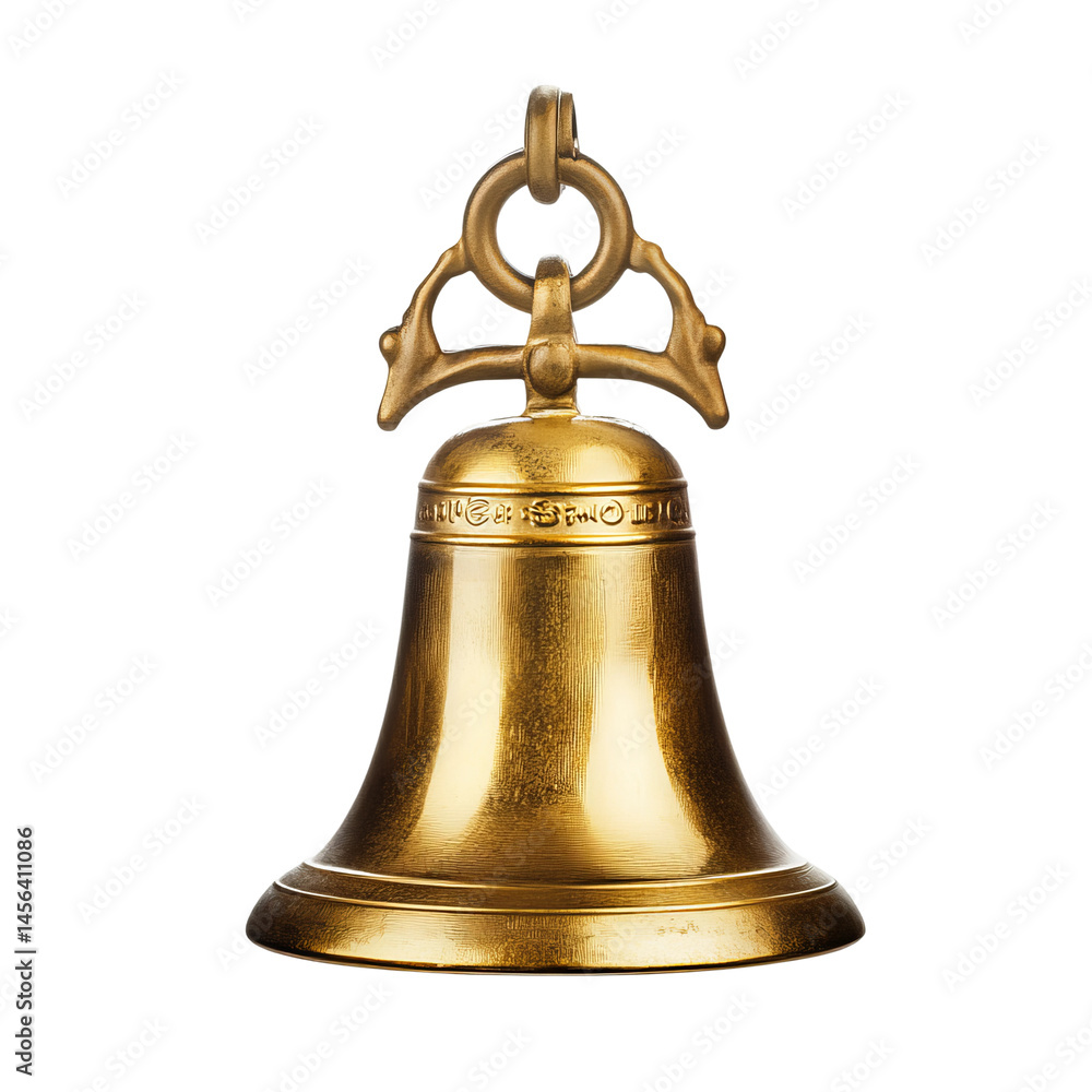 A golden bell with intricate details. It has a distinctive design and is made of high-quality metal. The bell is isolated on a white background, making it ideal for commercial and creative projects. A golden bell with intricate details. It has a distinctive design and is made of high-quality metal. The bell is isolated on a white background, making it ideal for commercial and creative projects.