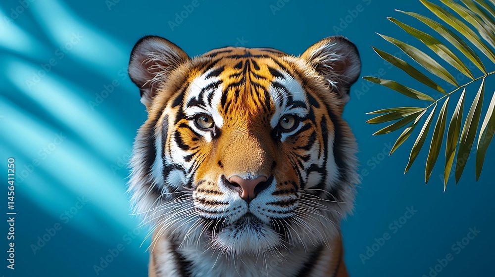 Naklejka premium Striking tiger portrait with tropical leaf