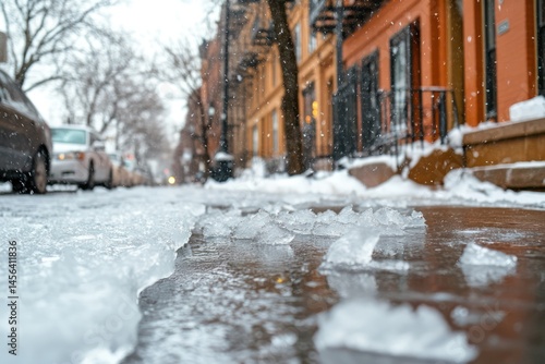 Icy slippery sidewalk near building during wintertime