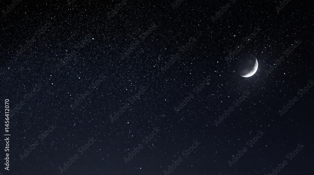 Fototapeta premium Crescent moon shines brightly in a dark starry night sky.