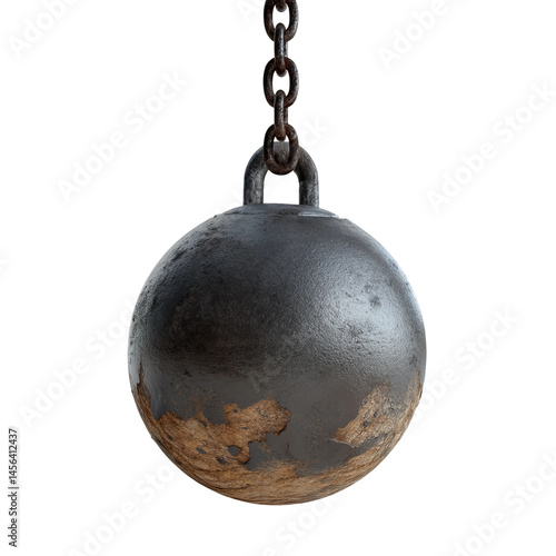 A wrecking ball hanging in the air, ready for demolition. The ball is suspended from a chain, conveying power and destruction. It's a symbol of breaking down barriers and starting anew