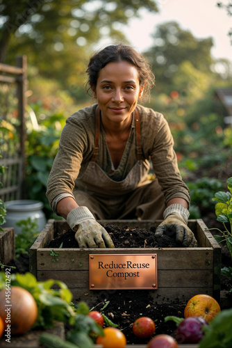 woman composting in green garden