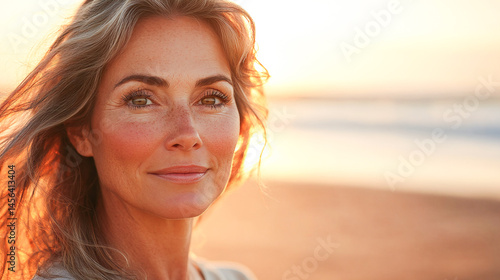 Radiant middle-aged woman exuding joy on sundrenched beach wind tousled hair natural makeup casual linen attire golden hour lighting serene coastal backdrop