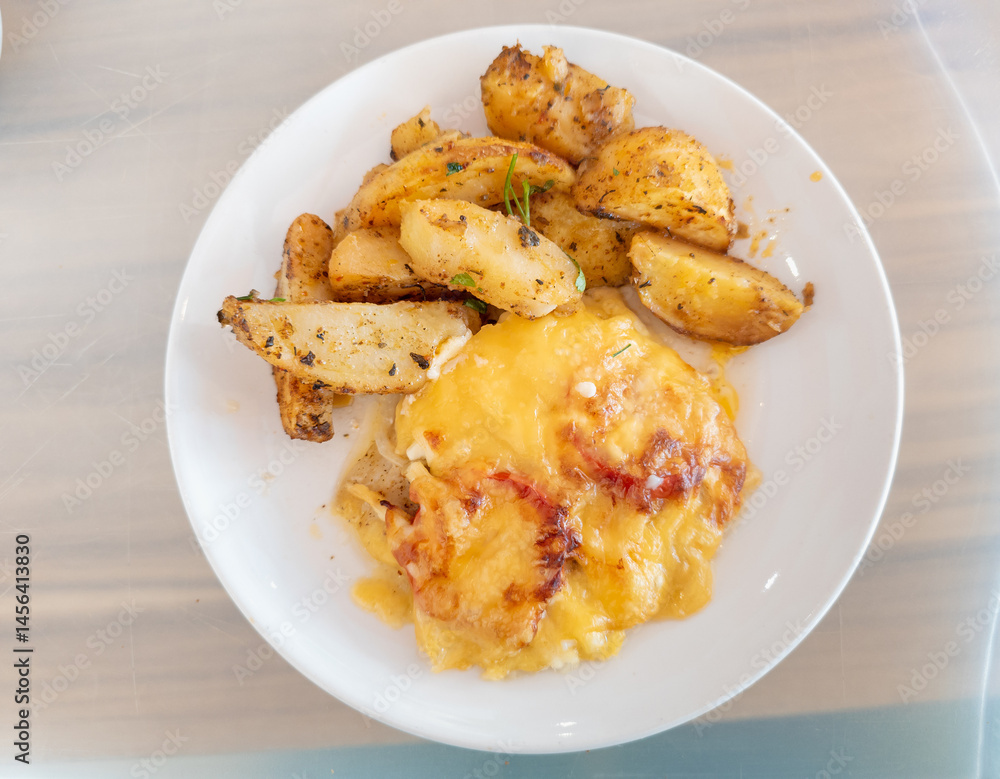 Rustic potato view with meat in a plate on the table at a high angle Rustic potato view with meat in a plate on the table at a high angle