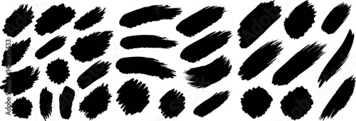 Black paint brush strokes set. Vector abstract ink background. Isolated straight and arched grungy splash underlines. Hand-drawn round and square shape elements. Punk style scratch texture lines bg
