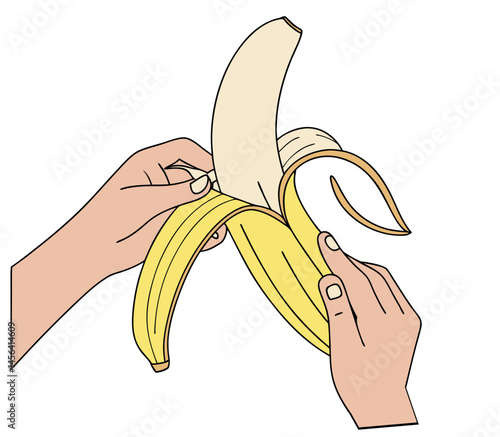 A hand holds a yellow, peeled banana, a sweet and healthy tropical fruit snack