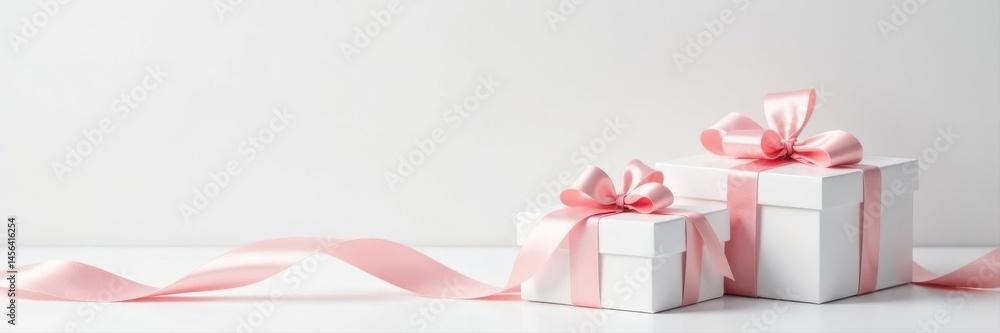 Obraz premium Pure white gift boxes with delicate pink ribbons, pristine white backdrop , white background, simple