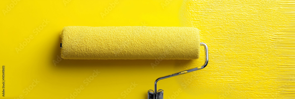 Obraz premium Yellow paint roller applying fresh coat on wall 