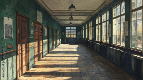 Empty school hallway bathed in sunlight.