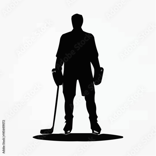 Ice Hockey Player Icon Standing with Stick on White Background  