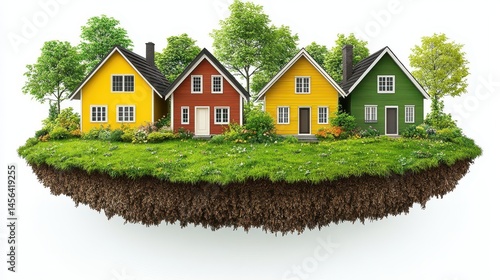 Colorful miniature houses on an island of green grass and earth 
