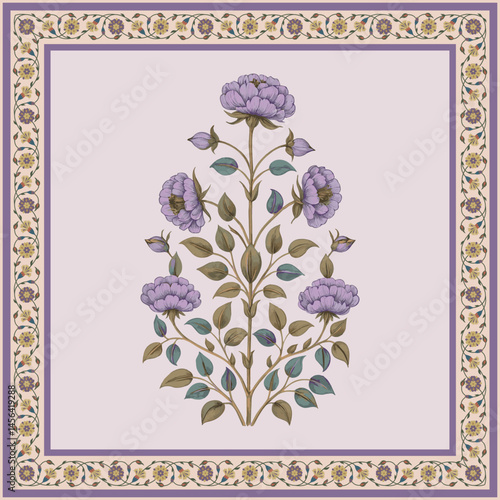 Mughal flower plant and fantasy blooms in a vintage Rajasthani style, ideal for elegant wedding invitations, seamless borders, and traditional decorative artwork