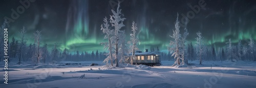 Frozen Arctic trees, research station, aurora borealis,  image,  aurora,  scientific