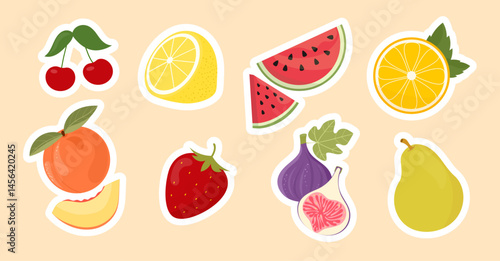 Set of fresh fruit stickers. Watermelon, strawberry, pear, peach, lemon, orange, cherry, fig. Collection of citrus fruits. Vector illustration.