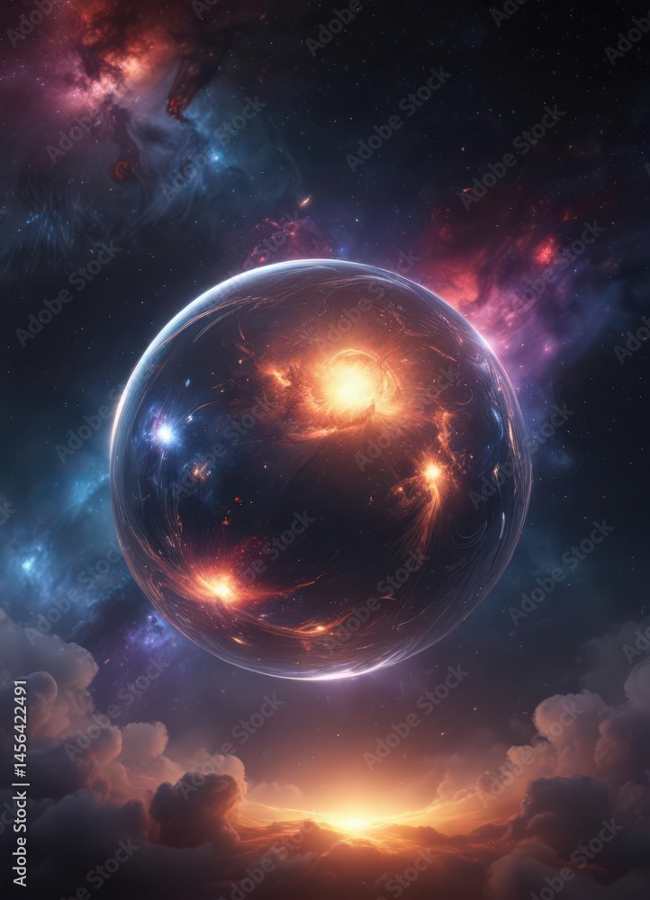 Obraz premium Glowing orb amidst swirling nebulae, cosmic dust , stars, background, dark