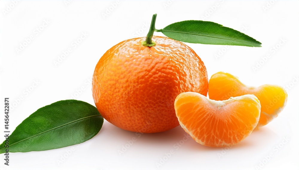 angerine or clementine with green leaf and slices isolated on white angerine or clementine with green leaf and slices isolated on white