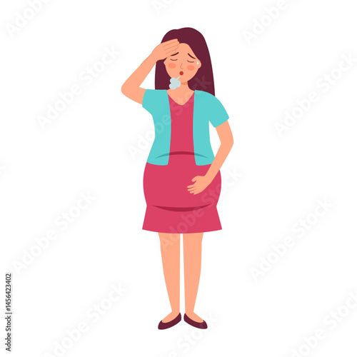 Tired and sad pregnant woman character in flat design.