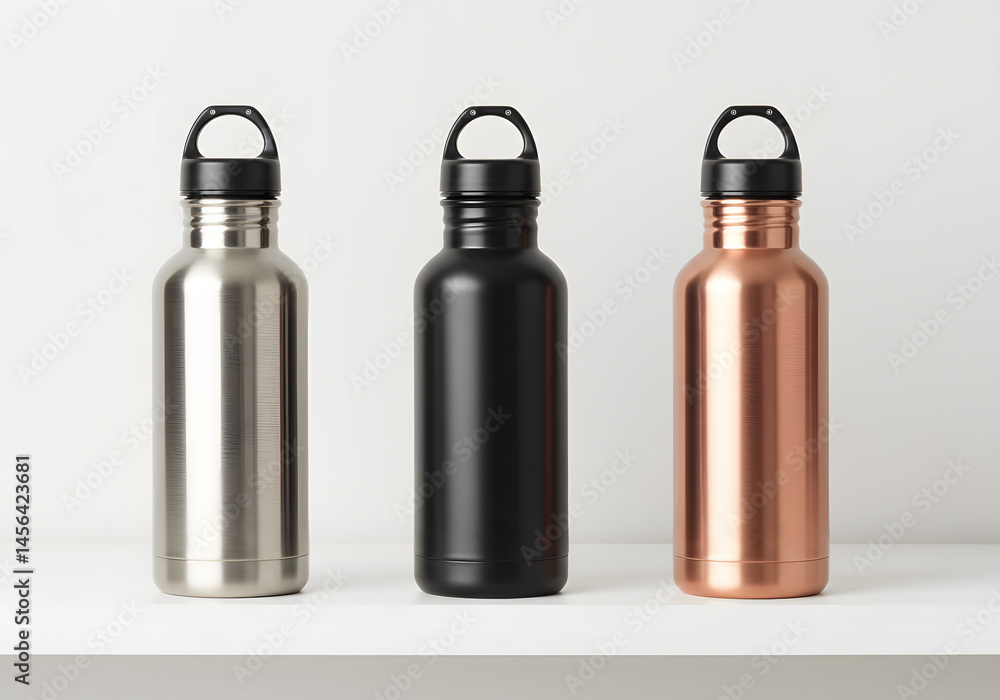 Three Stainless Steel Water Bottles Model in Different Finishes (Brushed Silver, Matte Black, Rose Gold), All With Black Loop Caps, Lined Up on a White Shelf Three Stainless Steel Water Bottles Model in Different Finishes (Brushed Silver, Matte Black, Rose Gold), All With Black Loop Caps, Lined Up on a White Shelf