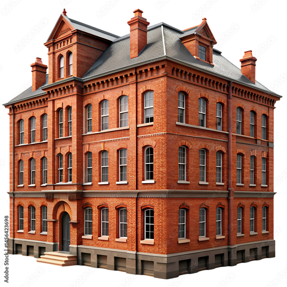 Fototapeta premium Red Brick Building Architecture 3D Model Historical Building Design Victorian Architecture School Building Municipal Building on Transparent background