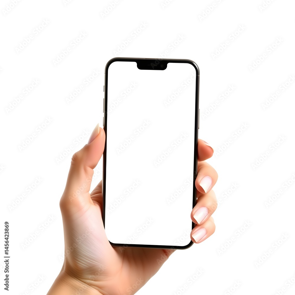 Hand Holding a Modern Smartphone: A person's hand delicately cradles a sleek, modern smartphone, its blank screen offering a canvas for endless possibilities. This minimalist shot embodies technology. Hand Holding a Modern Smartphone: A person's hand delicately cradles a sleek, modern smartphone, its blank screen offering a canvas for endless possibilities. This minimalist shot embodies technology.