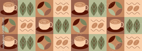 Coffee and tea geometric pattern. Abstract print background with simple shapes for coffee shop, food packaging, menu.