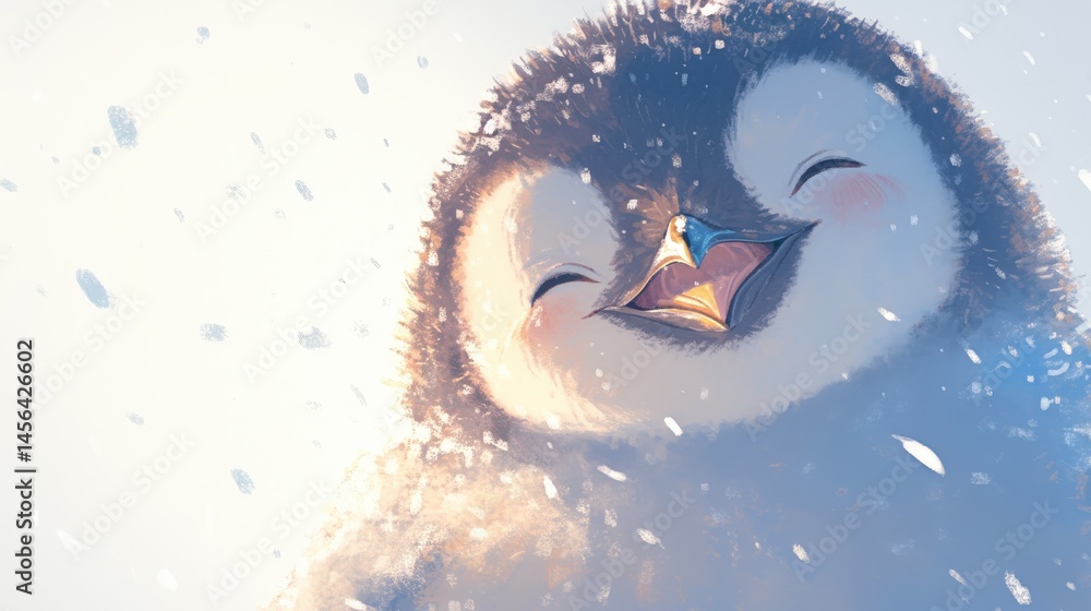 Fototapeta premium Smiling, fluffy penguin chick in snow enjoys the winter sunshine glow
