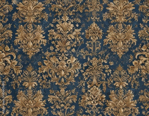 Elegant seamless damask pattern; blue, gold floral motifs  , texture, aesthetic