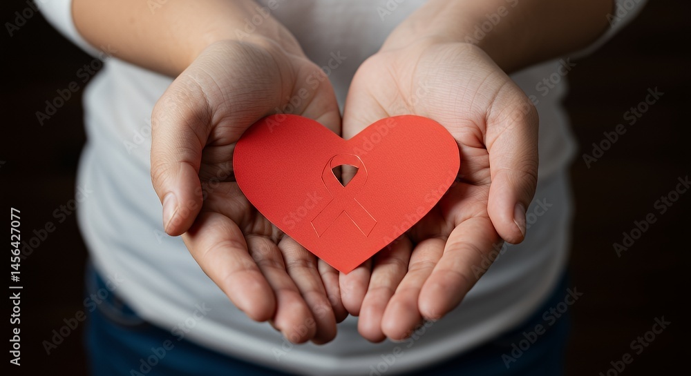 Holding Red Heart with Aids Awareness Ribbon Symbolizes Care and Support Holding Red Heart with Aids Awareness Ribbon Symbolizes Care and Support