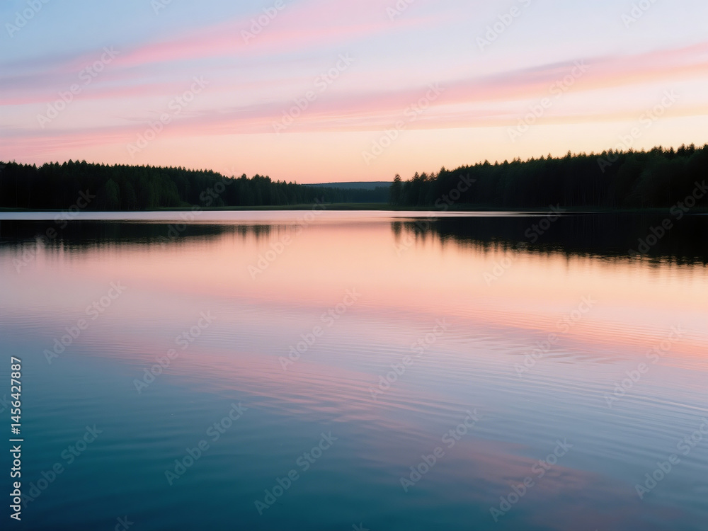 Obraz premium Scenic view of a calm lake during sunset, with soft ripples on the water
