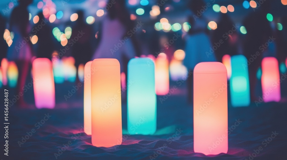 Brightly colored lanterns line the sandy beach as attendees gather to celebrate under twinkling lights during a lively nighttime event